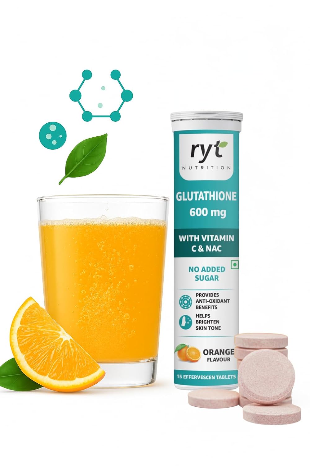 Ryt Nutrition Glutathione (600mg), 15 Effervescent Tablets (Orange Flavour), With Vitamin C & NAC | For Skin Health For Men & Women, Detoxification, And Immunity Booster