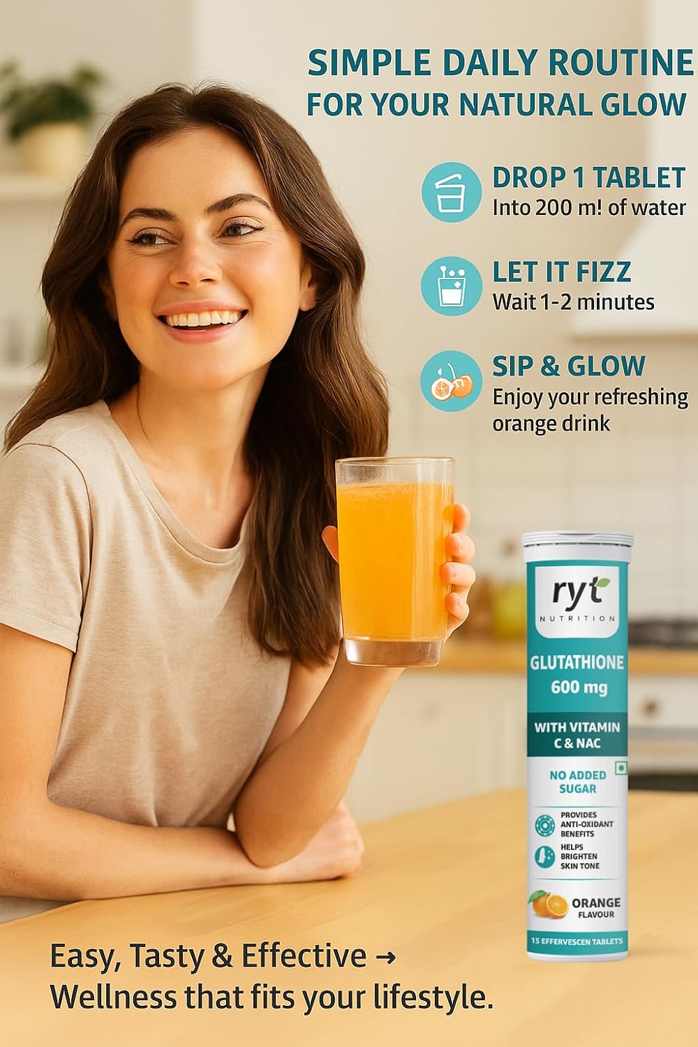 Ryt Nutrition Glutathione (600mg), 15 Effervescent Tablets (Orange Flavour), With Vitamin C & NAC | For Skin Health For Men & Women, Detoxification, And Immunity Booster