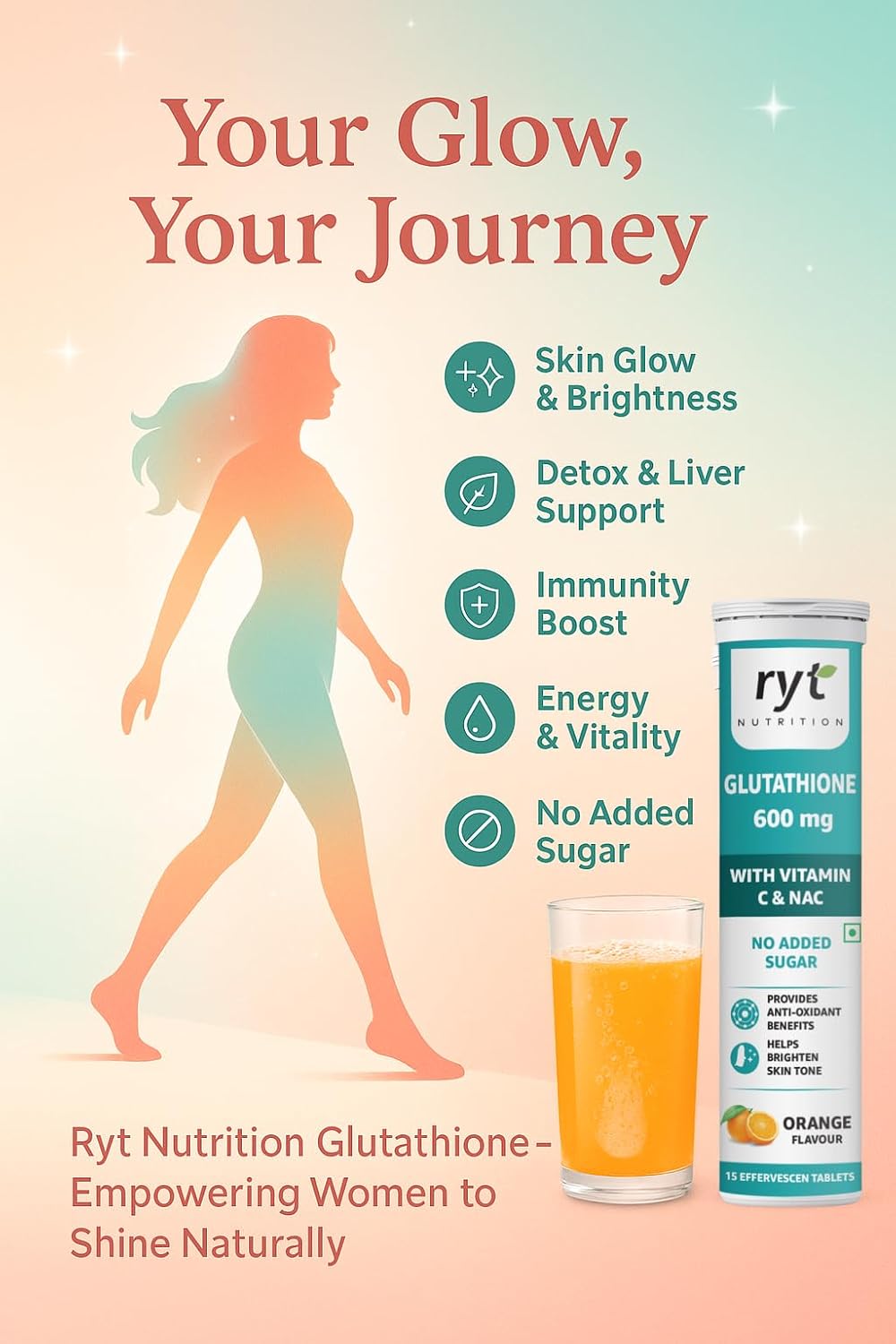 Ryt Nutrition Glutathione (600mg), 15 Effervescent Tablets (Orange Flavour), With Vitamin C & NAC | For Skin Health For Men & Women, Detoxification, And Immunity Booster