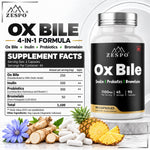 Zespo Ox Bile 1,100 mg 4-in-1 Digestive Complex | Ox Bile, Inulin, Probiotics & Bromelain | Digestion & Gut Health Support | 90 Capsules