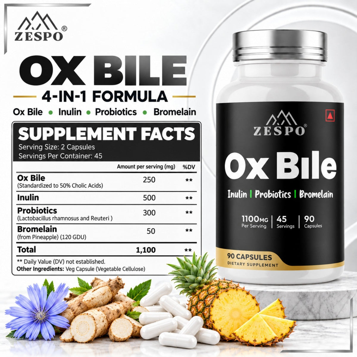 Zespo Ox Bile 1,100 mg 4-in-1 Digestive Complex | Ox Bile, Inulin, Probiotics & Bromelain | Digestion & Gut Health Support | 90 Capsules