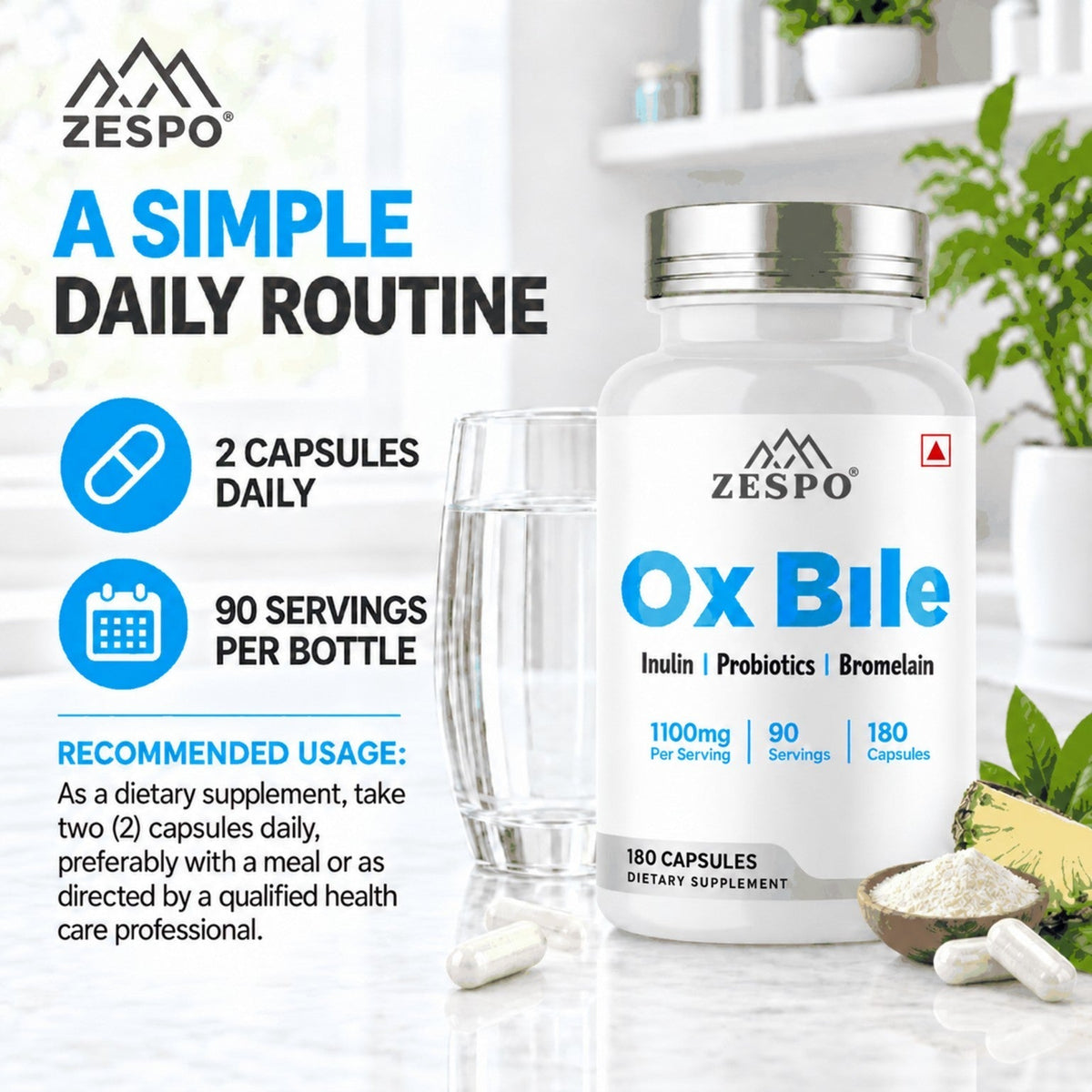 Zespo Ox Bile Complex 1,100 mg 4-in-1 Digestive Formula | Ox Bile, Inulin, Probiotics & Bromelain | Digestion & Gut Health Support | 180 Capsules