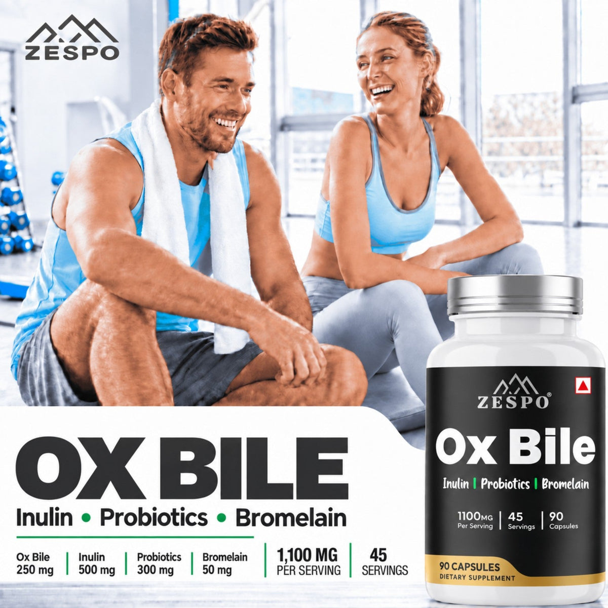 Zespo Ox Bile 1,100 mg 4-in-1 Digestive Complex | Ox Bile, Inulin, Probiotics & Bromelain | Digestion & Gut Health Support | 90 Capsules