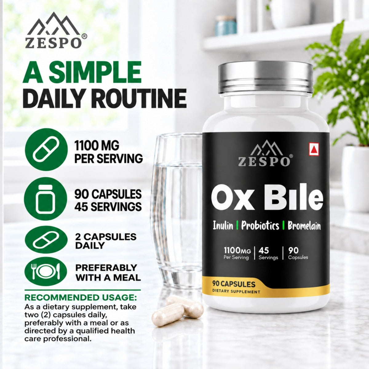Zespo Ox Bile 1,100 mg 4-in-1 Digestive Complex | Ox Bile, Inulin, Probiotics & Bromelain | Digestion & Gut Health Support | 90 Capsules