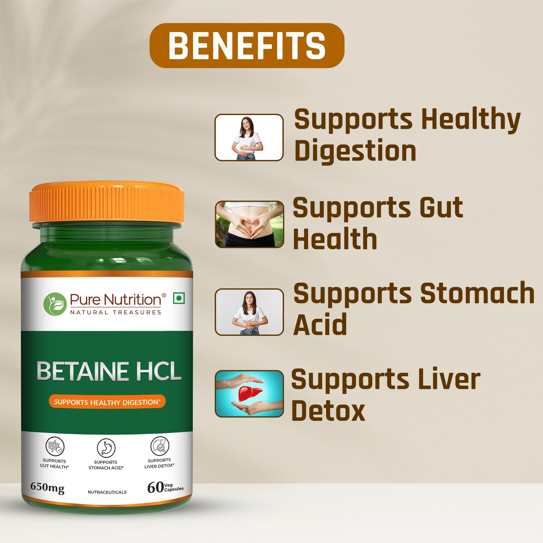 Pure Nutrition Betaine HCL – 60 Capsules | Digestive Support Formula