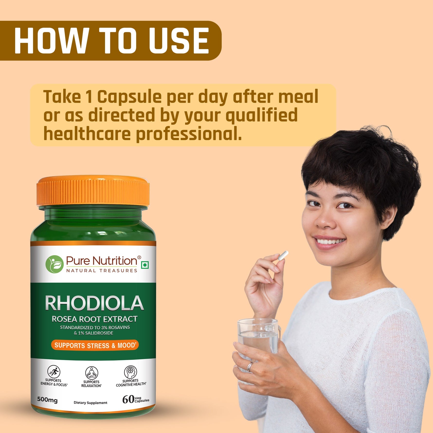 Pure Nutrition Rhodiola Rosea Root Extract (500mg) - 60 Veg Capsules | Standardized to 3% Rosavins & 1% Salidroside | Supports Energy, Focus, Relaxation & Cognitive Health