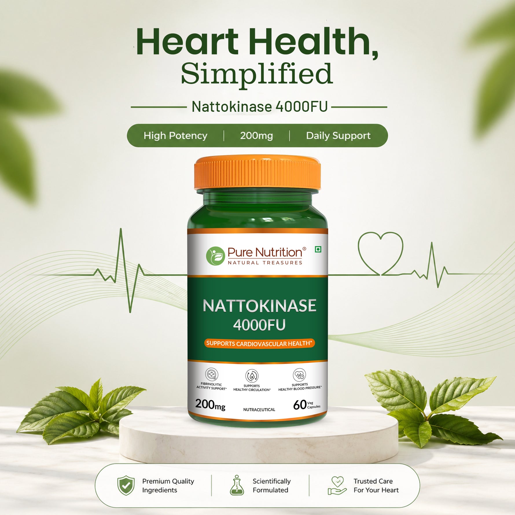 Pure Nutrition Nattokinase 4000 FU 200mg 60 Veg Capsules | Fermented Soy Natto Extract Enzyme | Cardiovascular & Circulation Support Supplement | High Potency Fibrinolytic Formula