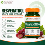 Pure Nutrition Resveratrol Capsules 255mg for Anti-Aging, Heart Health & Immunity | Powerful Antioxidant with Grape Seed Extract for Skin Radiance - 60 Capsules