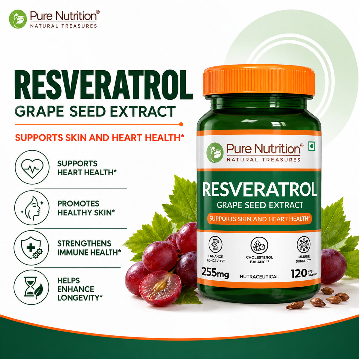 Pure Nutrition Resveratrol Capsules 255mg for Anti-Aging, Heart Health & Immunity | Powerful Antioxidant with Grape Seed Extract for Skin Radiance - 60 Capsules