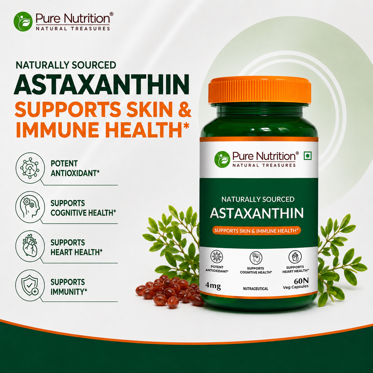 Pure Nutrition Astaxanthin 4mg – 60 Veg Capsules | Powerful Antioxidant for Eye, Skin, Heart & Immune Support | Promotes Cellular Health, Anti-Aging & Recovery | Plant-Based, For Men & Women