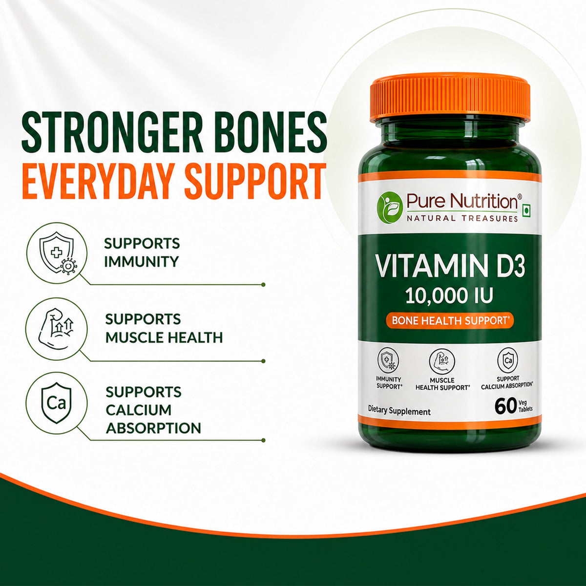 Pure Nutrition Vitamin D3 10,000 IU, 60 Tablets | Bone, Muscle & Immune Health Support