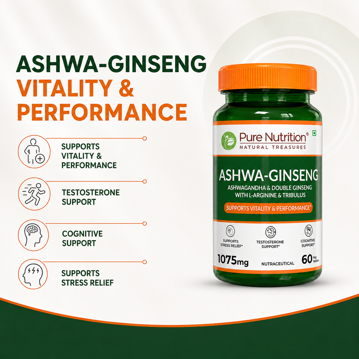 Pure Nutrition Ashwaginseng 60 Tablets | Ashwagandha & Ginseng Herbal Supplement | Stress & Energy Support