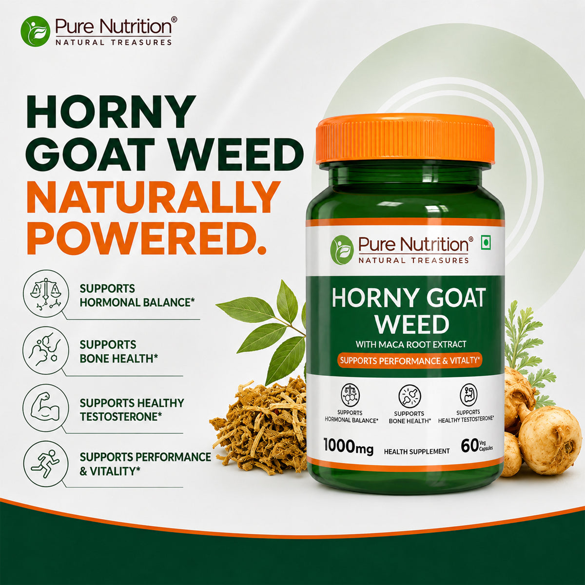Pure Nutrition Horny Goat Weed with Maca Root Extract 1000mg – 60 Veg Capsules | Supports Energy, Stamina, Bone & Hormonal Health