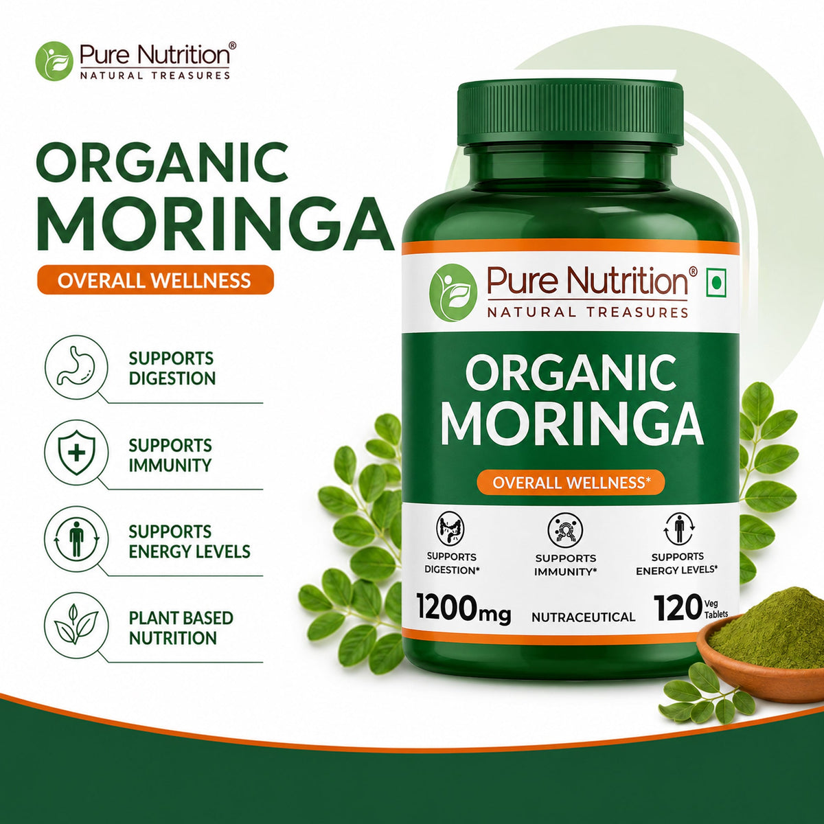Pure Nutrition Organic Moringa Tablets 1200mg – 120 Veg Tablets for Immunity, Digestion & Daily Wellness