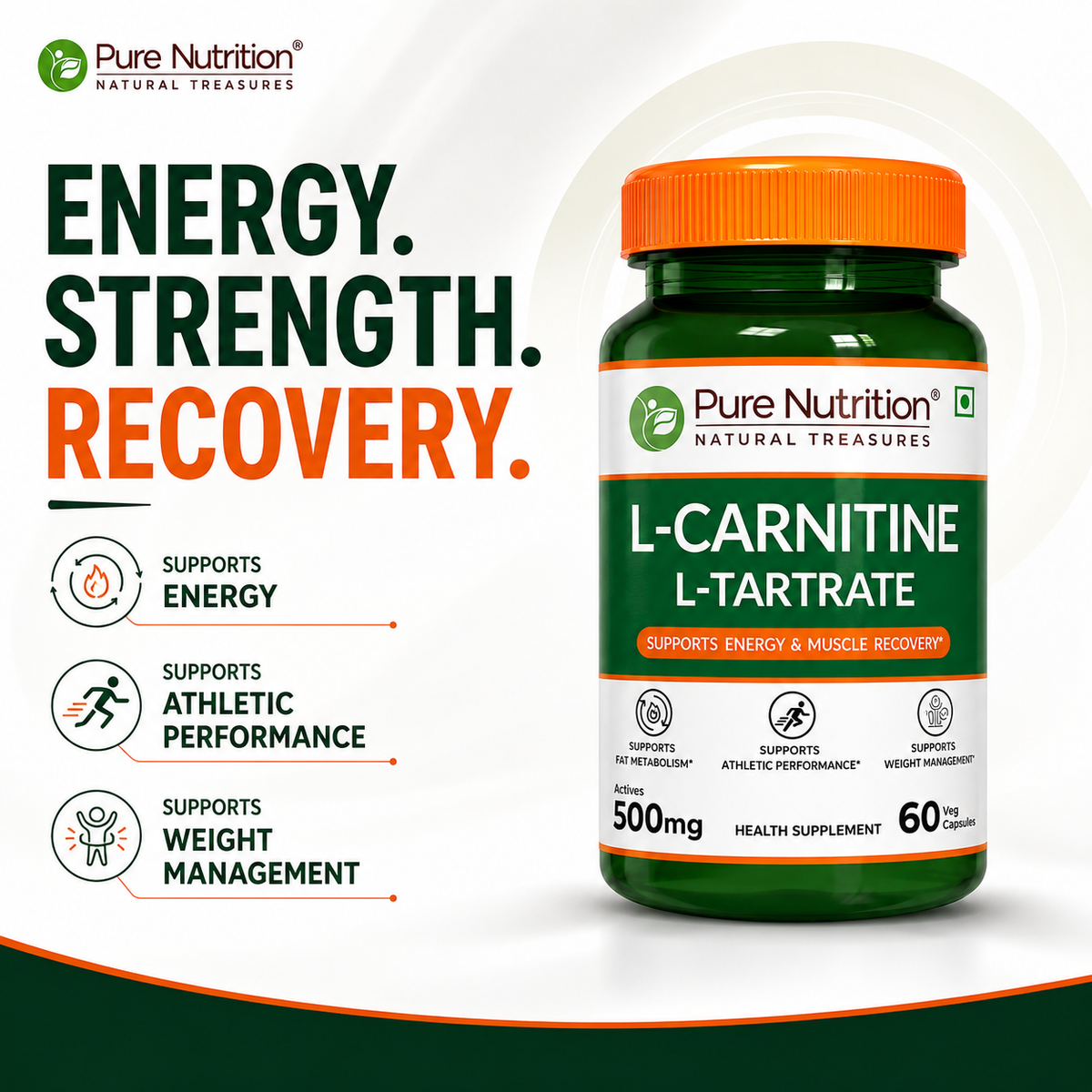 Pure Nutrition L-Carnitine L-Tartrate 500mg – 60 Veg Capsules | Pre-Workout Fat Burner & Energy Booster for Men & Women | Supports Fat Metabolism, Muscle Recovery & Performance