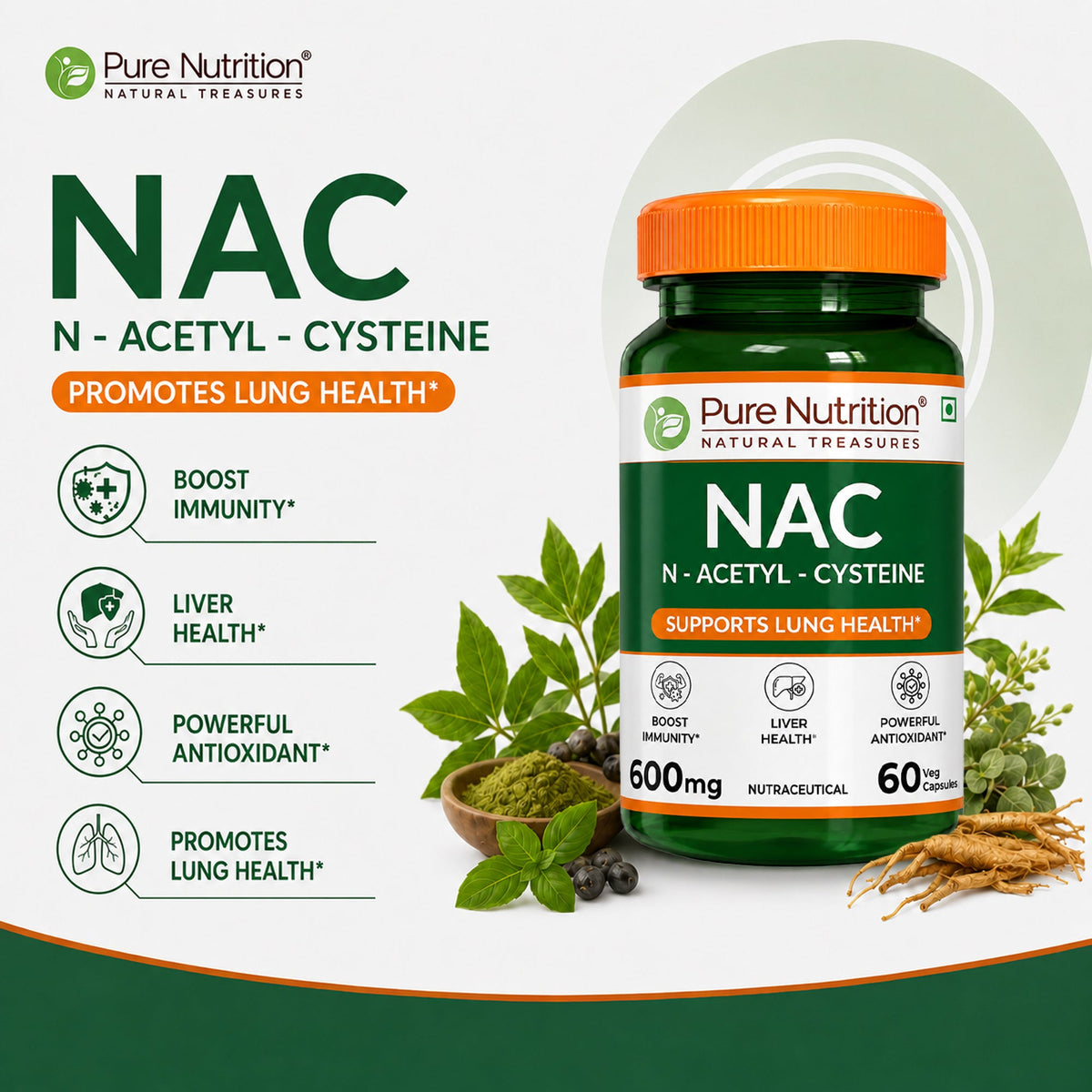 Pure Nutrition NAC N-Acetyl L-Cysteine 600mg – 60 Veg Capsules for Antioxidant & Liver Support