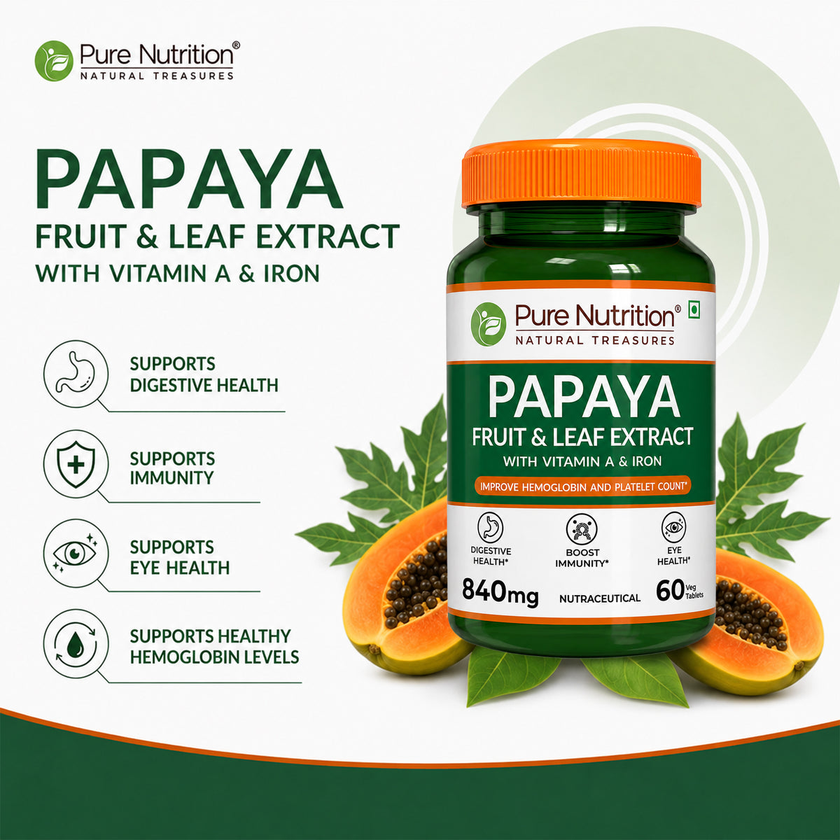 Pure Nutrition Papaya Fruit & Leaf Extract Capsule - 600mg - 60 Capsules