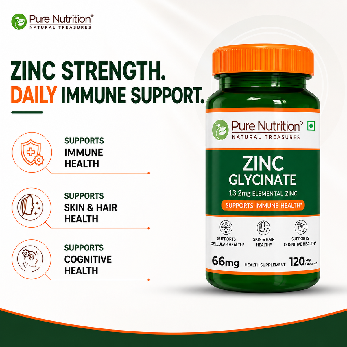 Pure Nutrition Zinc Glycinate Supplement (66 mg) | 120 Veg Capsules