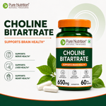 Pure Nutrition Choline Bitartrate (650mg) – 60 Veg Capsules | Supports Brain, Nerve, Liver & Heart Health | Nootropic Supplement for Cognitive Function