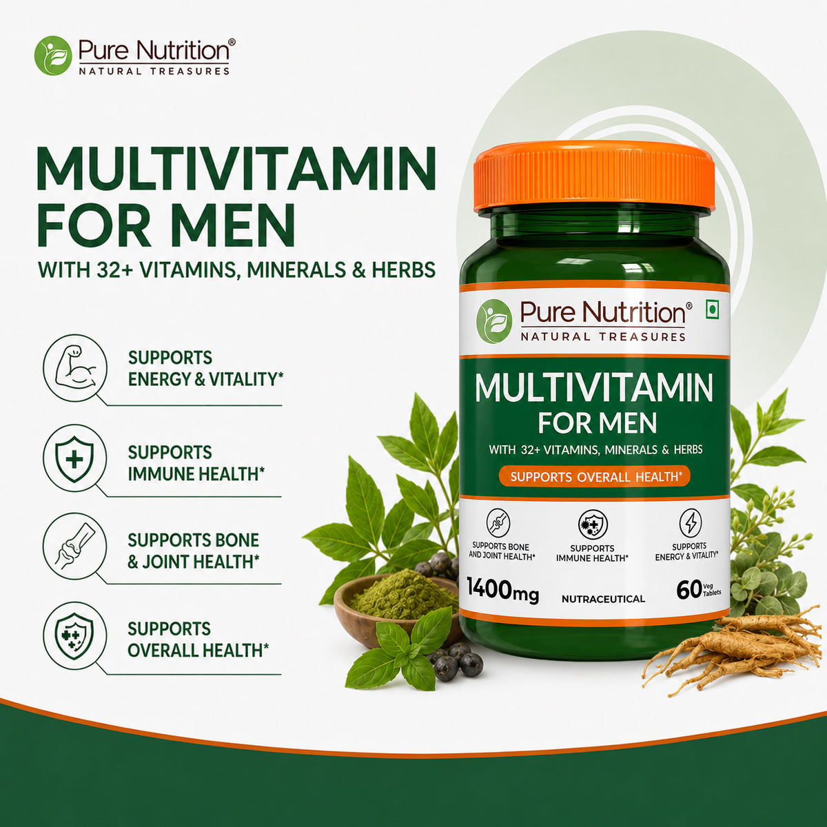 Pure Nutrition Multivitamin for Men Tablet | For Healthy Bones & Immunity - 60 Tablets