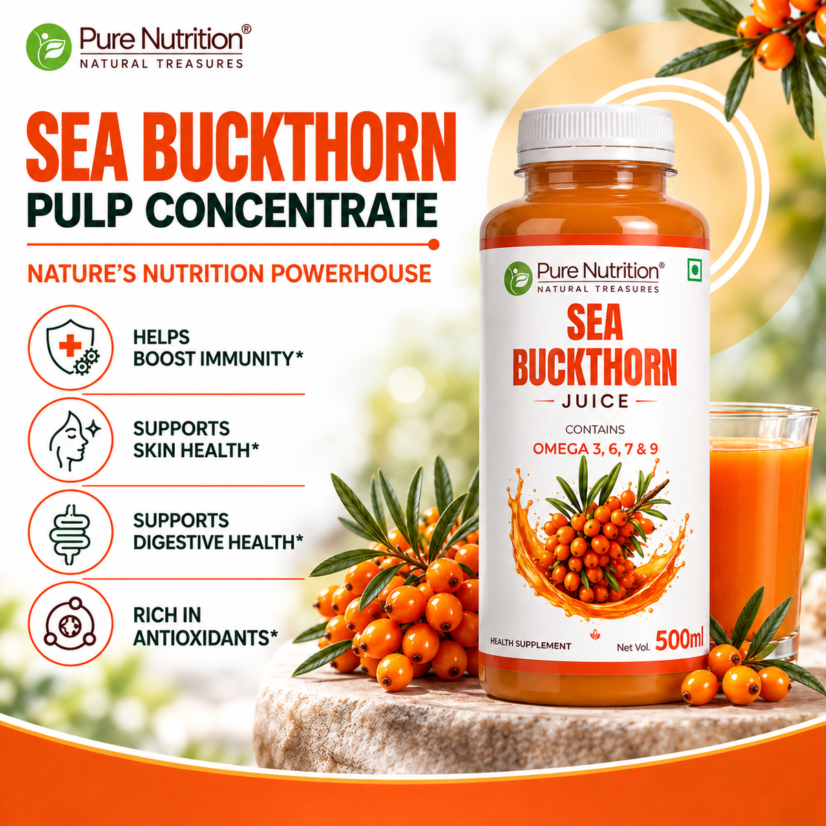 Pure Nutrition Sea Buckthorn Concentrate Juice 500ml | Antioxidant & Wellness Support