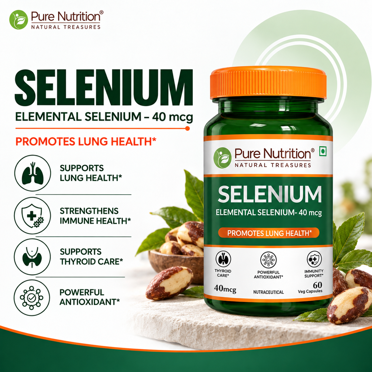Pure Nutrition Selenium Capsules - 40mcg for Immune System, Supports Healthy Blood Pressure, Thyroid Health & Improves Cholesterol Levels - 60 Veg Capsules