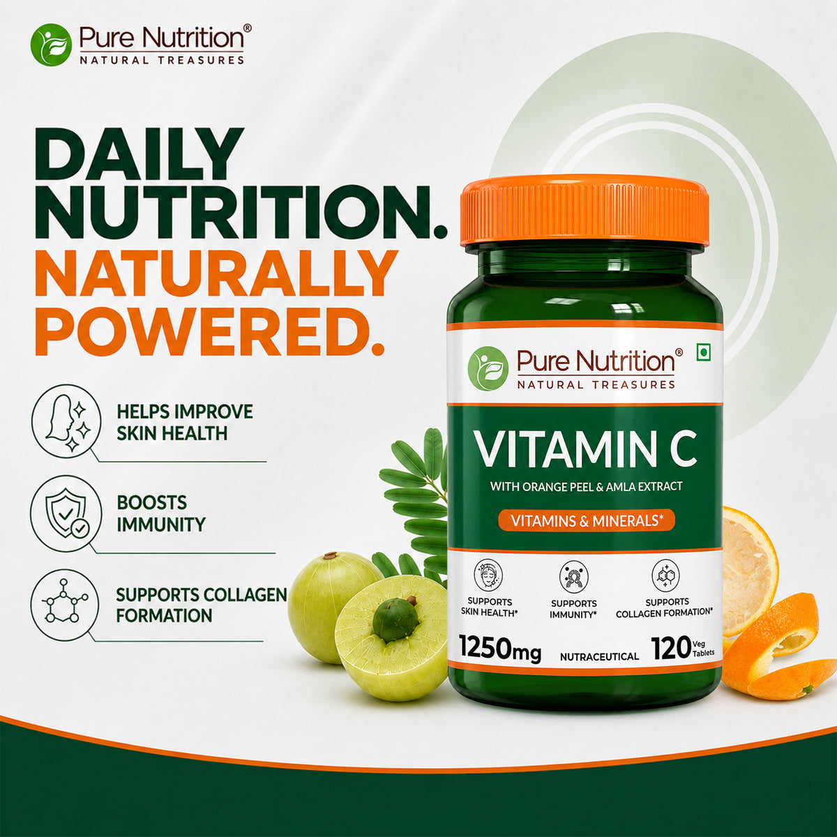 Pure Nutrition Plant-Based Vitamin C (1250mg) - 120 Veg Tablets with Amla & Orange Peel Extract | Boosts Immunity & Skin Glow | Natural Antioxidant for Men & Women | Supports Collagen Formation