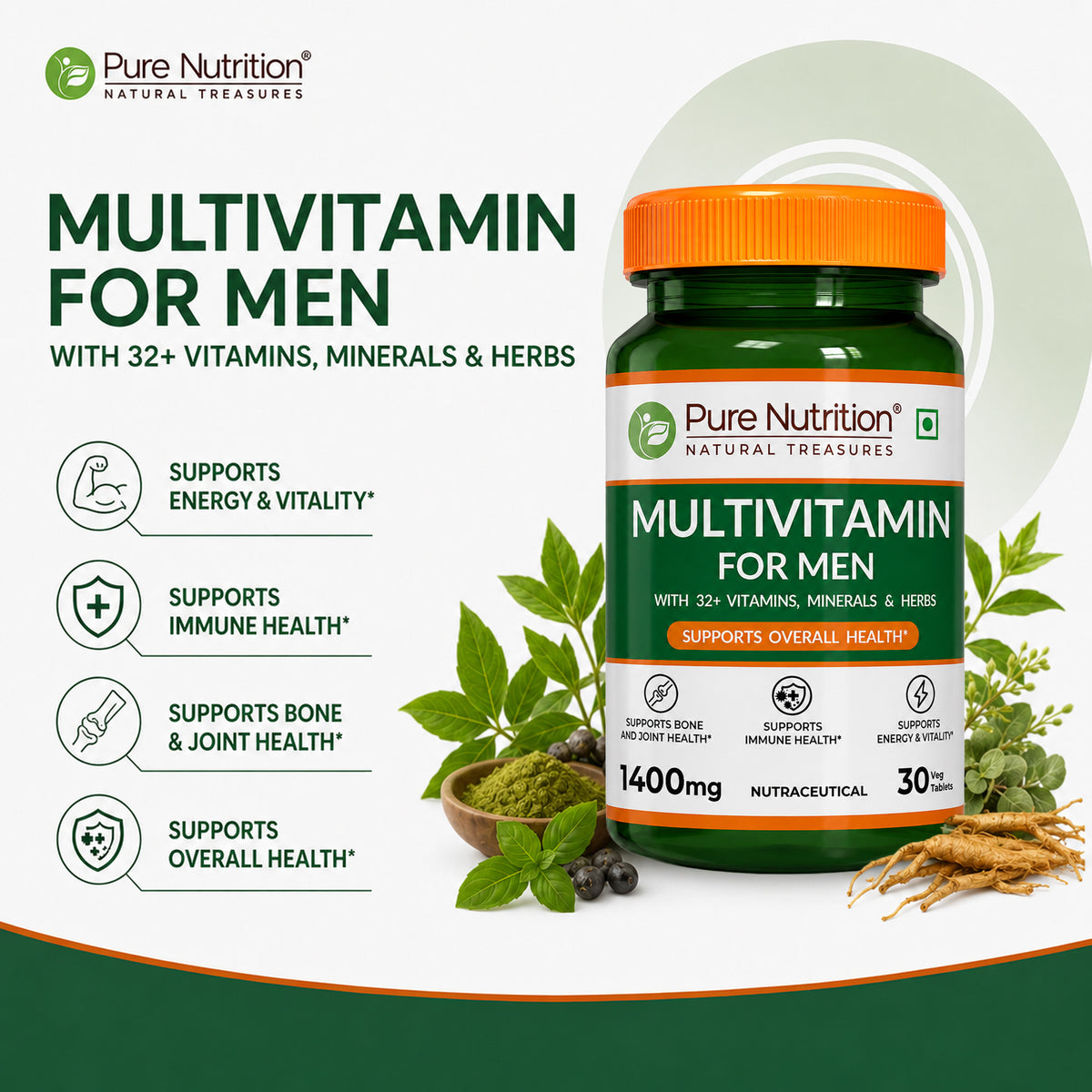 Pure Nutrition Multivitamin for Men Tablet | For Healthy Bones & Immunity - 30 Tablets