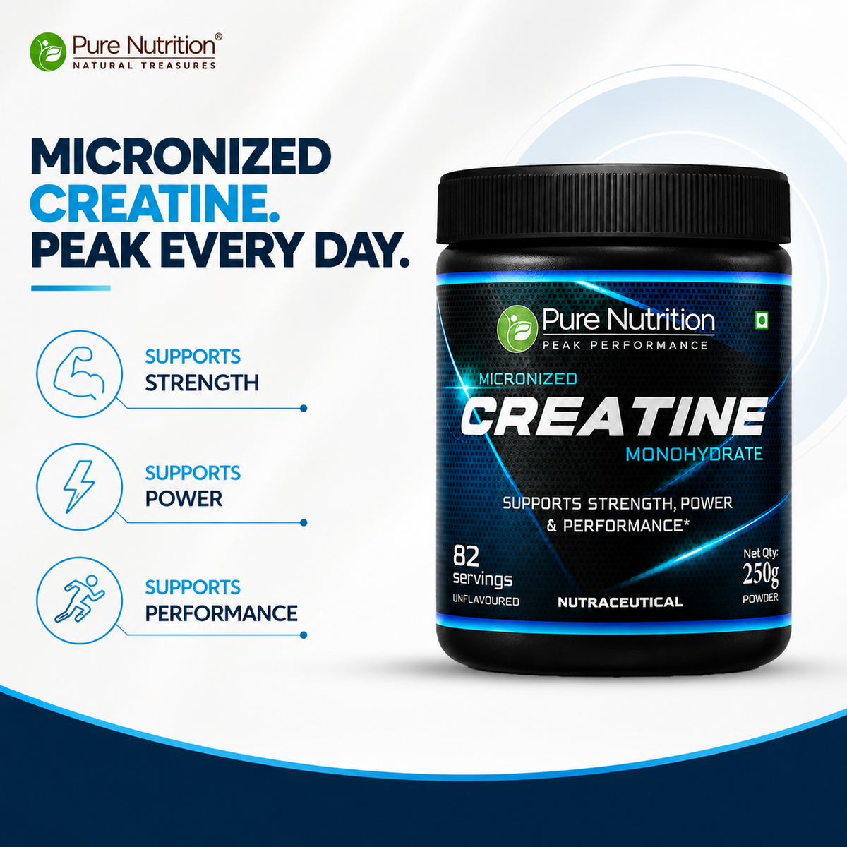 Pure Nutrition Micronised Creatine Monohydrate Powder, Pre/Post Workout Supplement, Instant Energy for Athletic Performance, Fast Recovery, Increased Muscle Mass, Unflavoured - 250gm