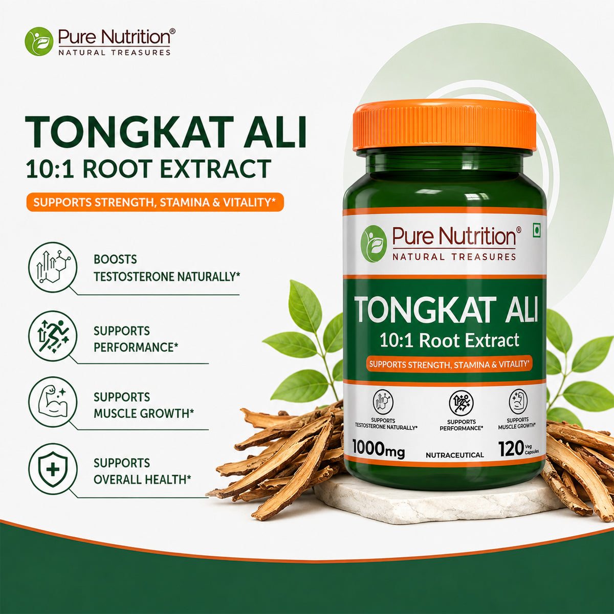 Pure Nutrition Organic Tongkat Ali Capsules - 1000mg - 120 Veg Capsules