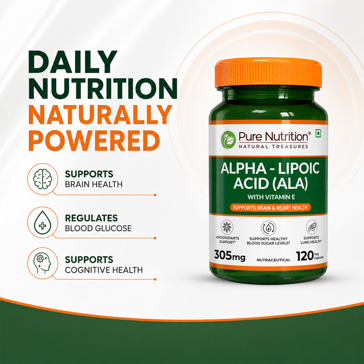 Pure Nutrition Alpha Lipoic Acid (ALA) Capsules 300mg - 120 Veg Capsules with Vitamin E