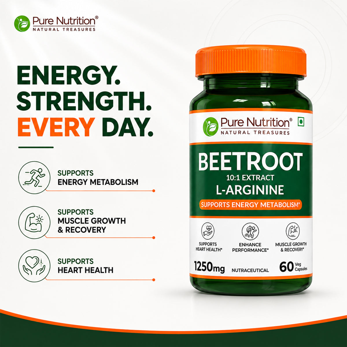 Pure Nutrition Beetroot 10:1 Extract + L-Arginine | 1250mg | 60 Veg Capsules