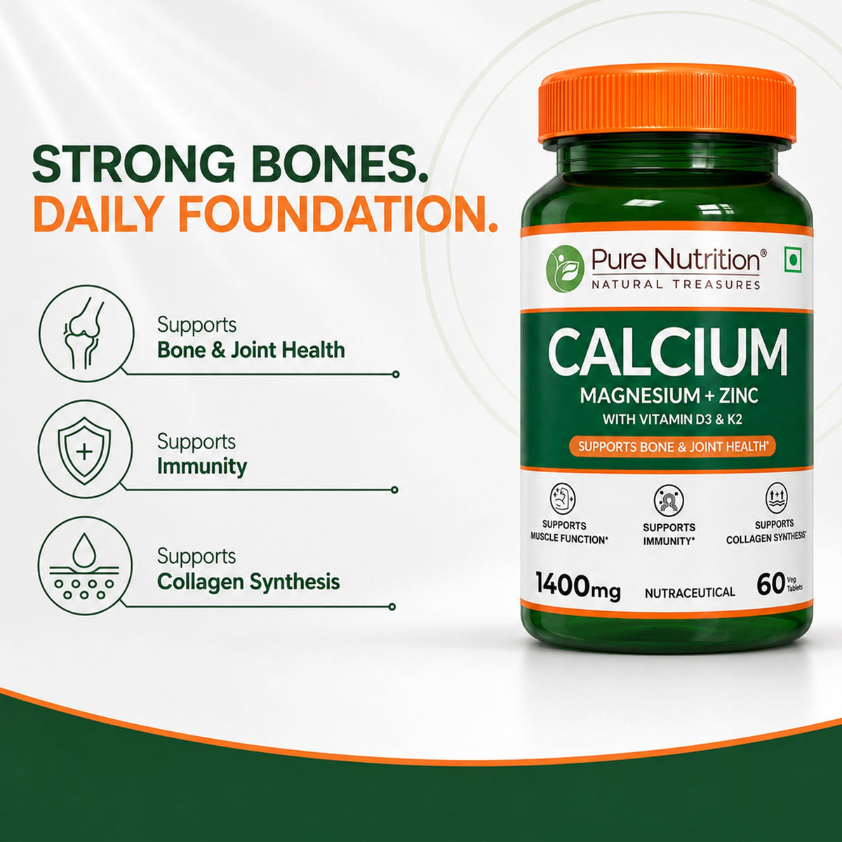 Pure Nutrition Calcium Magnesium + Zinc 1400mg – 60 Veg Tablets for Bone, Muscle & Joint Support