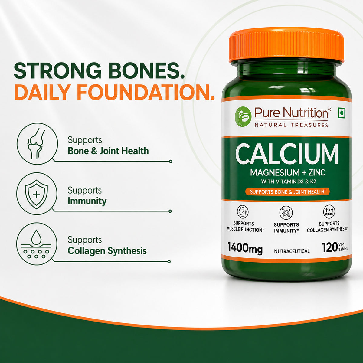 Pure Nutrition Calcium Citrate 120 Tablets with Magnesium, Zinc, Vitamin D3 & K2 (600 IU) – Supports Bone, Joint & Muscle Health, Boosts Collagen Synthesis for Men & Women