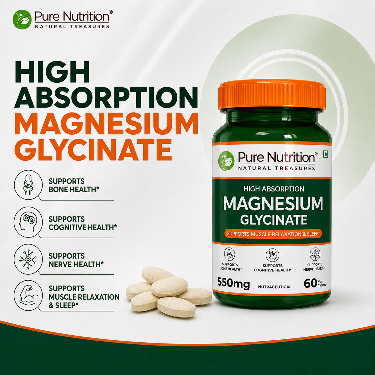 Pure Nutrition Magnesium Glycinate 550mg – 60 Tablets | Relaxation & Muscle Support