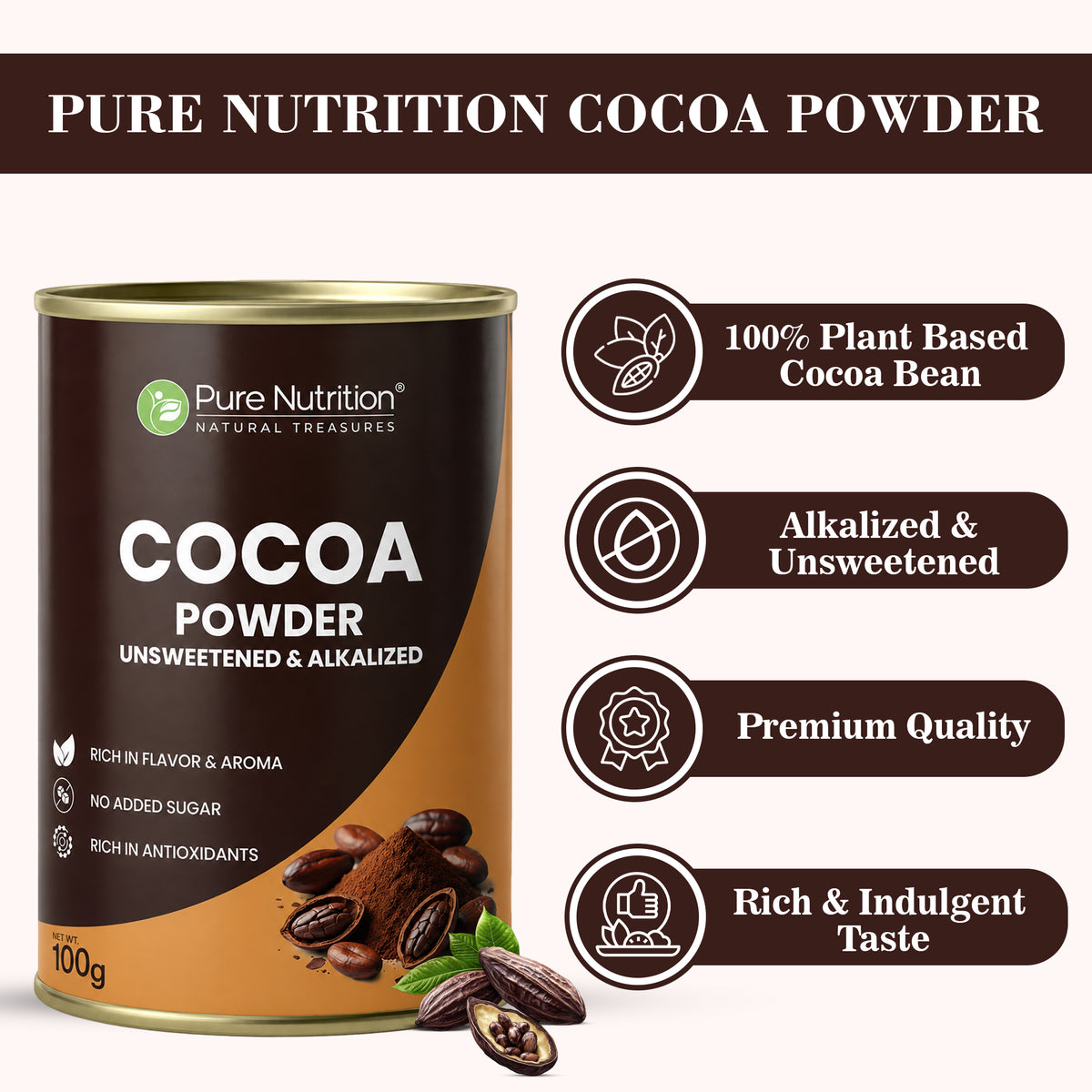 Cocoa Powder 100g | Unsweetened & Alkalized | No Added Sugar | Rich Cocoa Flavor