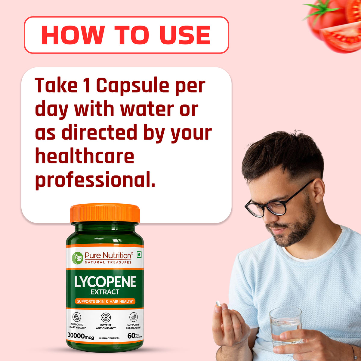 Pure Nutrition Lycopene 3000 mcg – 60 Plant-Based Vegetarian Capsules |Strong Antioxidant Blend Supporting Skin, Hair, Heart, Prostate & Daily Cellular Wellbeing