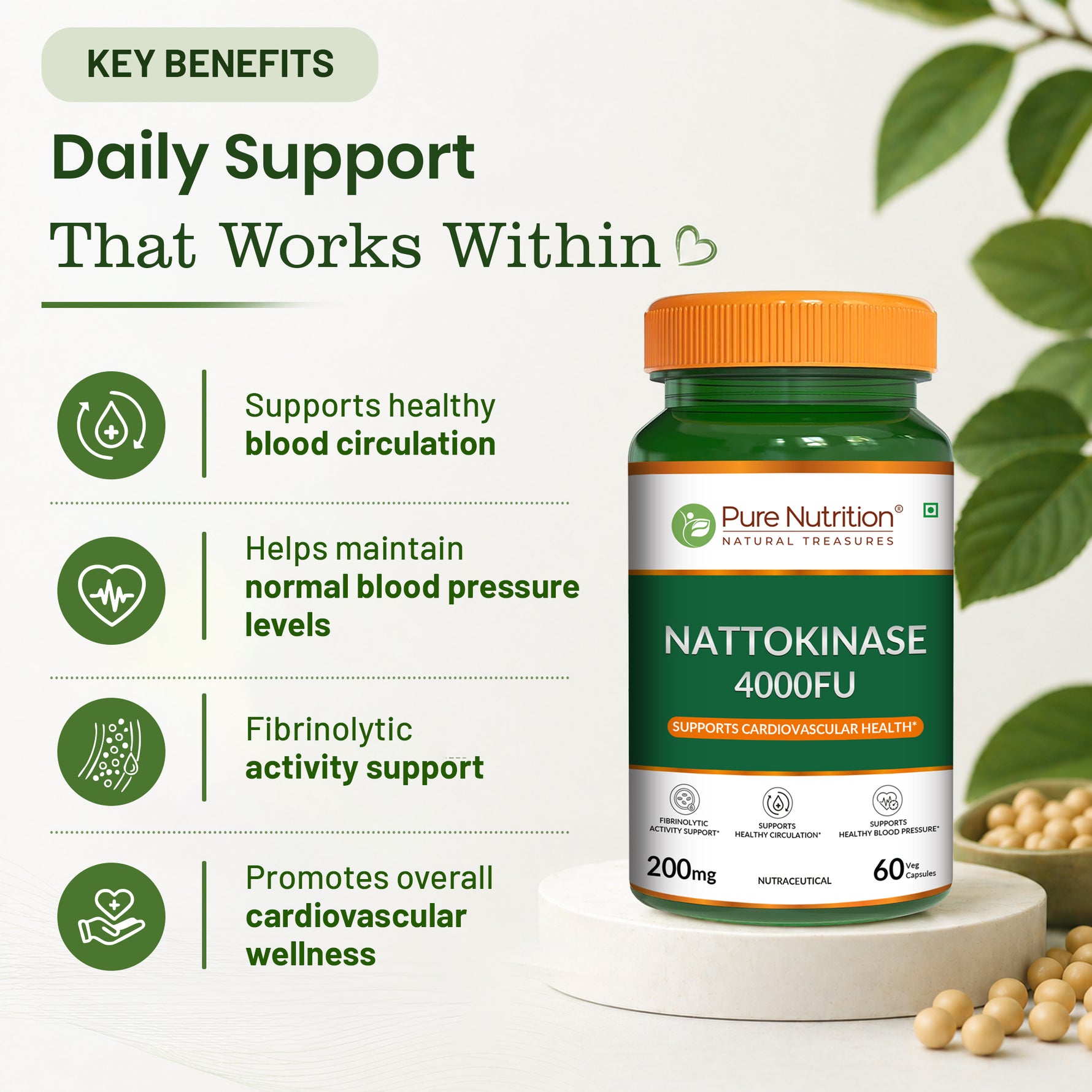 Pure Nutrition Nattokinase 4000 FU 200mg 60 Veg Capsules | Fermented Soy Natto Extract Enzyme | Cardiovascular & Circulation Support Supplement | High Potency Fibrinolytic Formula