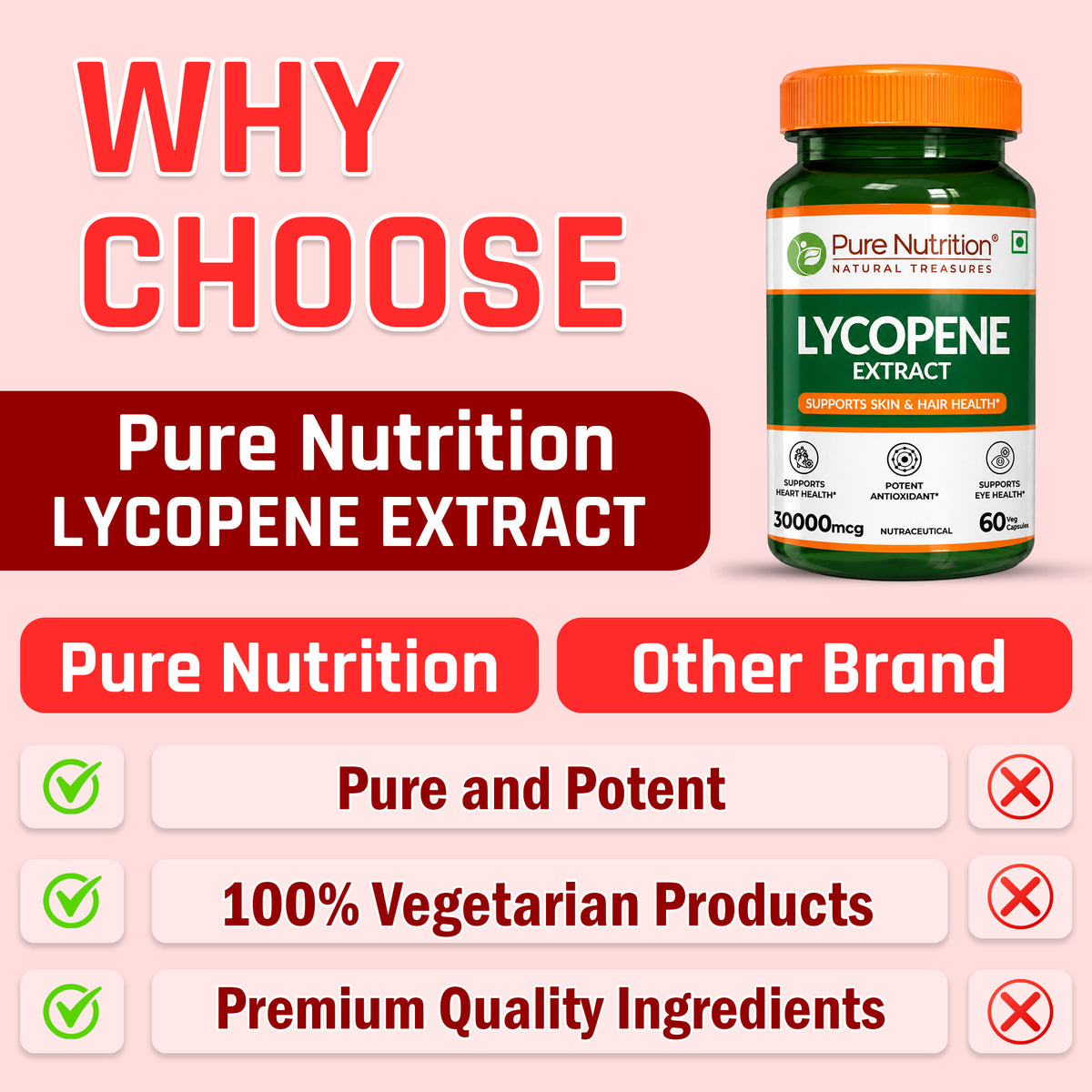Pure Nutrition Lycopene 3000 mcg – 60 Plant-Based Vegetarian Capsules |Strong Antioxidant Blend Supporting Skin, Hair, Heart, Prostate & Daily Cellular Wellbeing