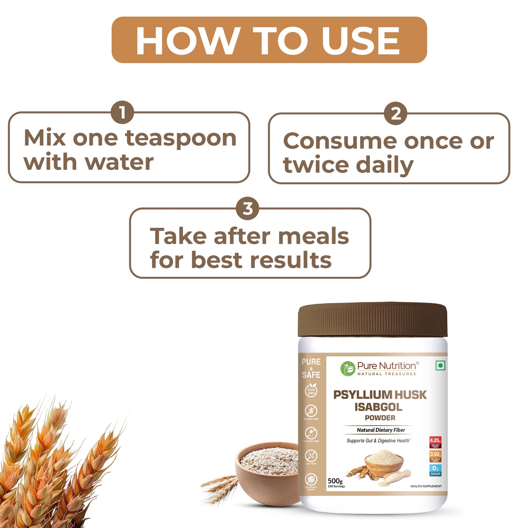 Pure Nutrition Isabgol Psyllium Husk Powder | Sat Isabgol Ki Bhusi Fiber Supplement | Supports Digestive & Gut Health | Helps Ease Irregularity & Bloating | Gluten Free, No Sugar Added - 500gm