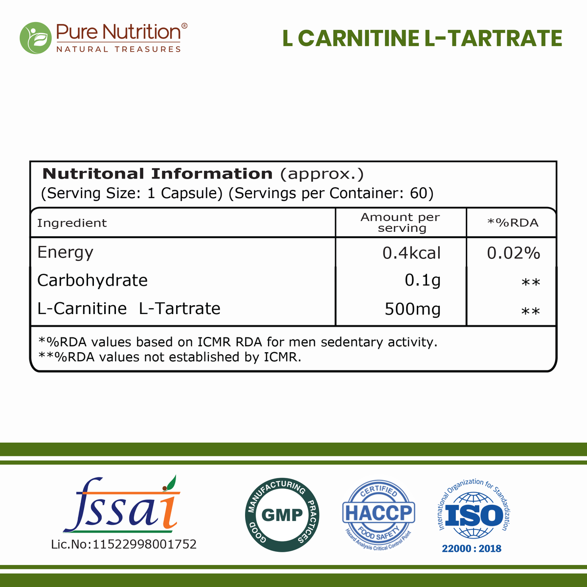 Pure Nutrition L-Carnitine L-Tartrate 500mg – 60 Veg Capsules | Pre-Workout Fat Burner & Energy Booster for Men & Women | Supports Fat Metabolism, Muscle Recovery & Performance