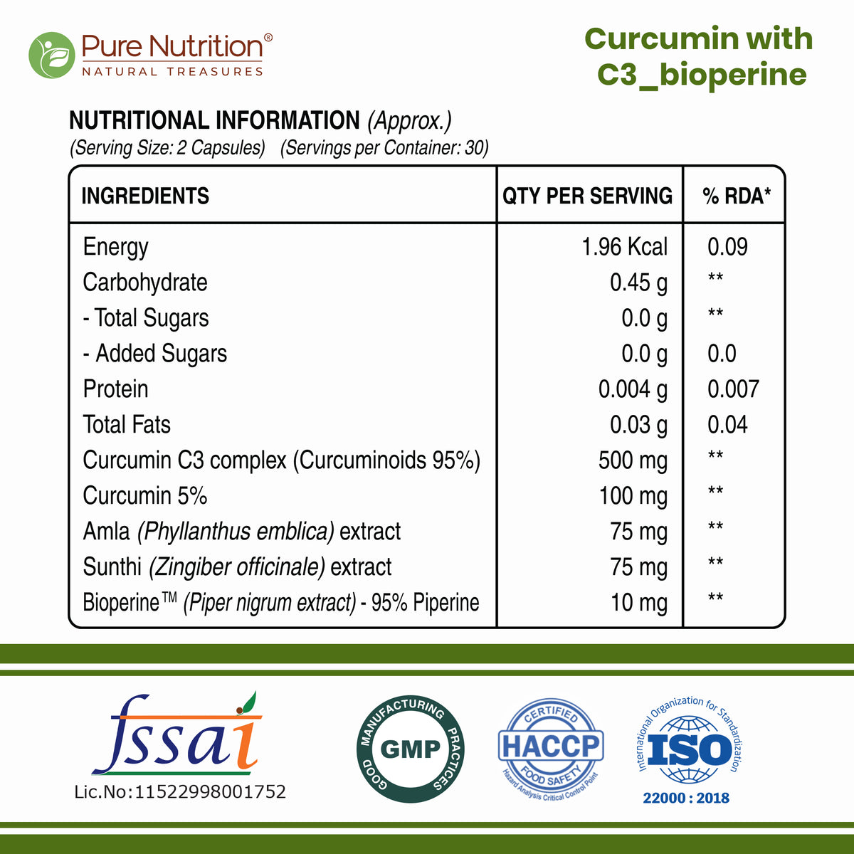 Pure Nutrition Curcumin with C3 Complex 760mg Veg Capsule - 60 Capsules