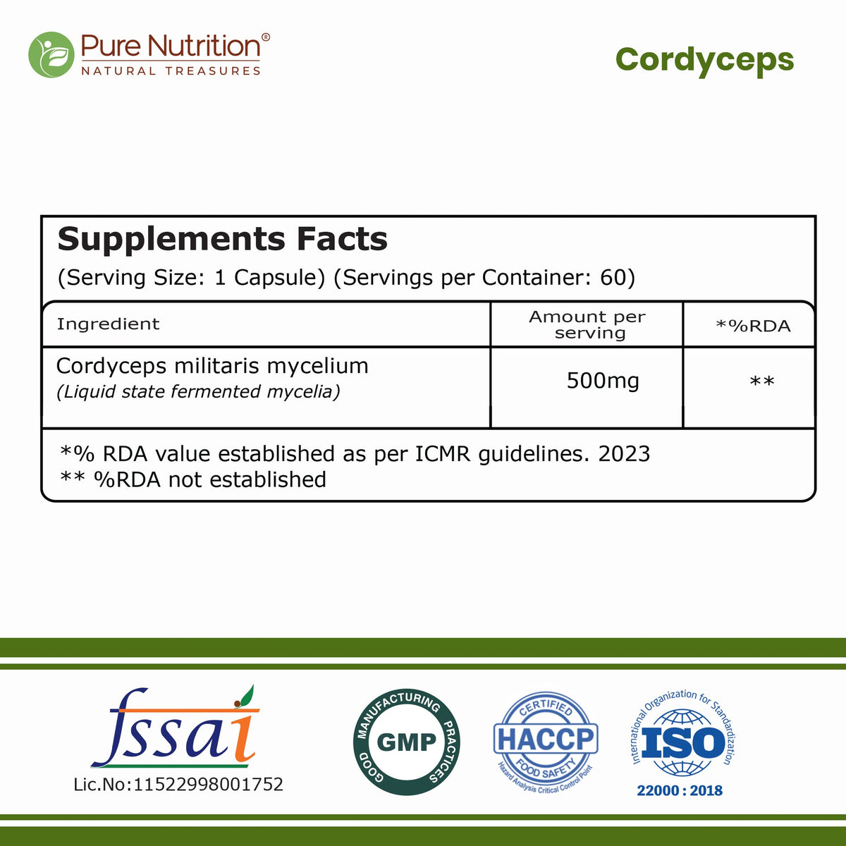Pure Nutrition Cordyceps 500 mg – 60 Vegetarian Capsules