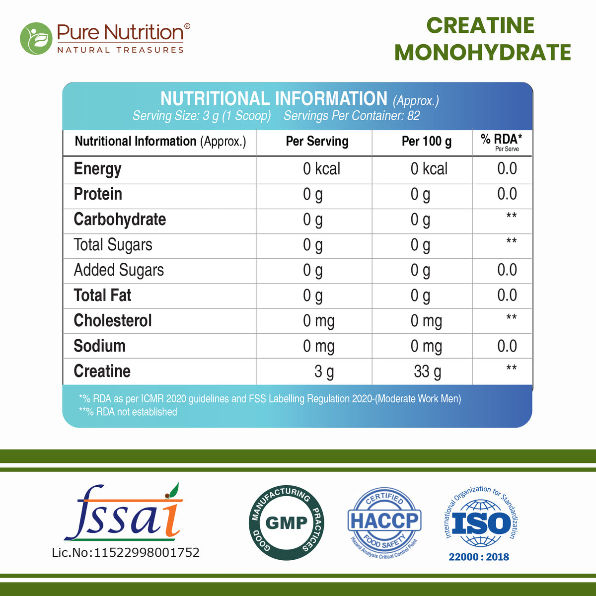 Pure Nutrition Micronised Creatine Monohydrate Powder, Pre/Post Workout Supplement, Instant Energy for Athletic Performance, Fast Recovery, Increased Muscle Mass, Unflavoured - 250gm