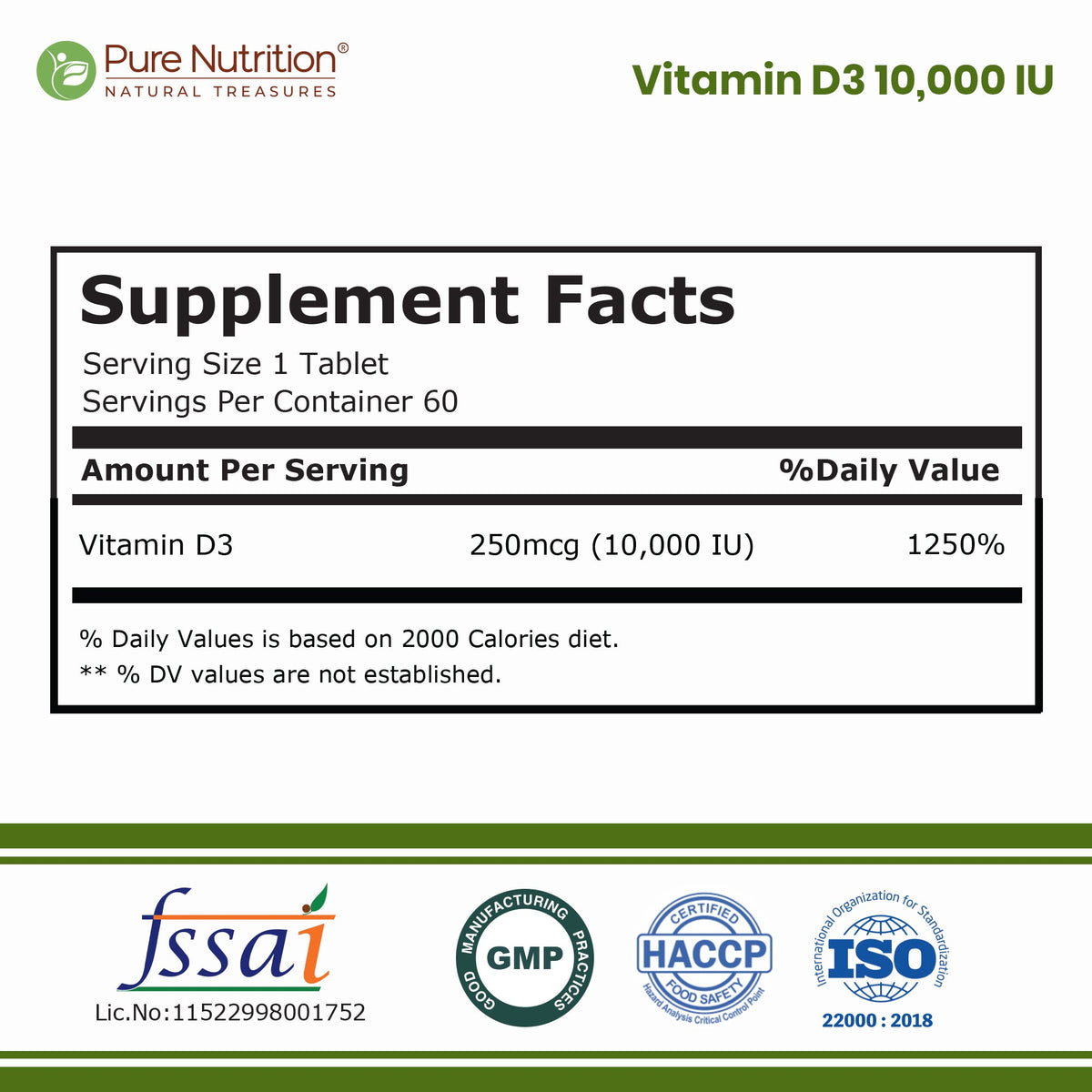 Pure Nutrition Vitamin D3 10,000 IU, 60 Tablets | Bone, Muscle & Immune Health Support