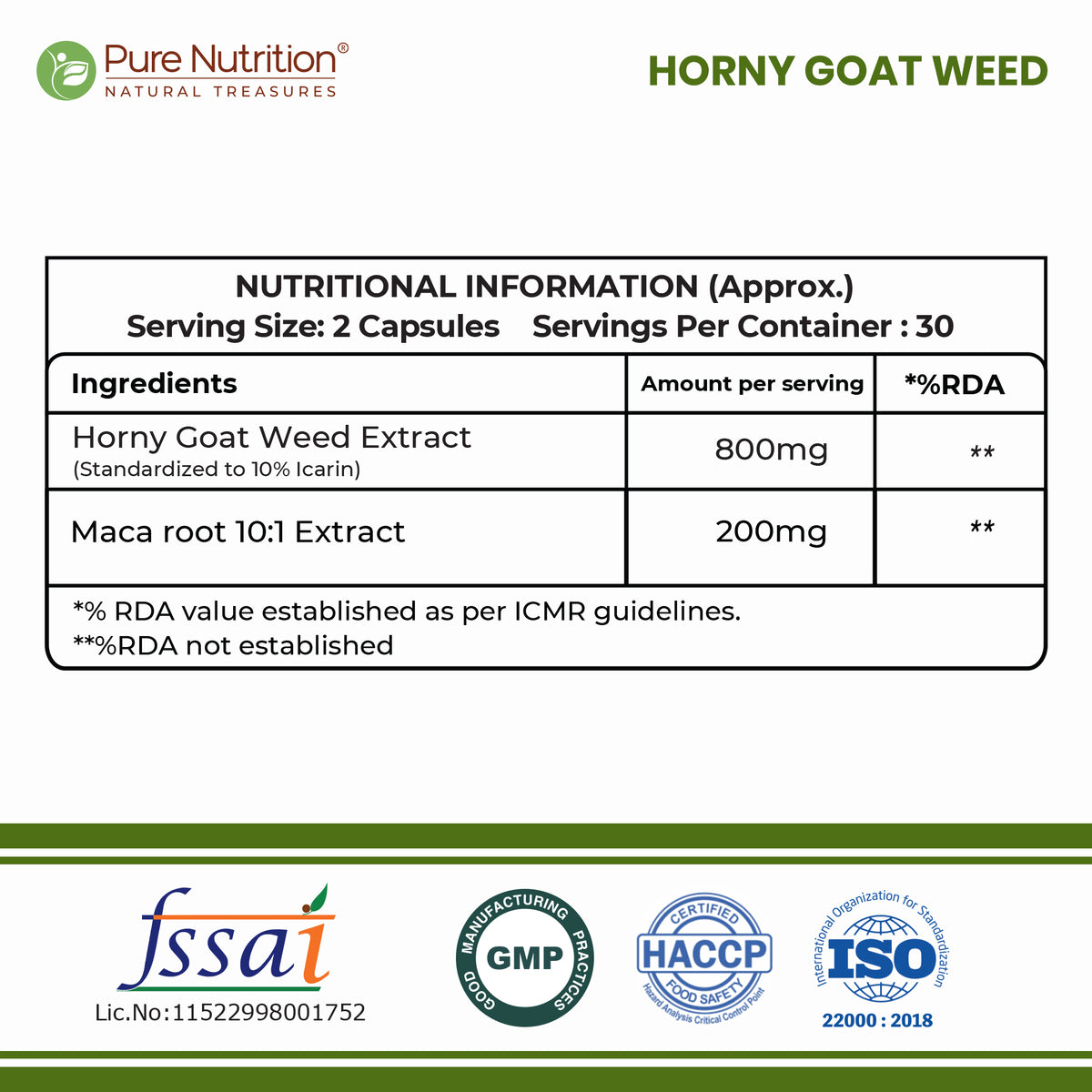 Pure Nutrition Horny Goat Weed with Maca Root Extract 1000mg – 60 Veg Capsules | Supports Energy, Stamina, Bone & Hormonal Health