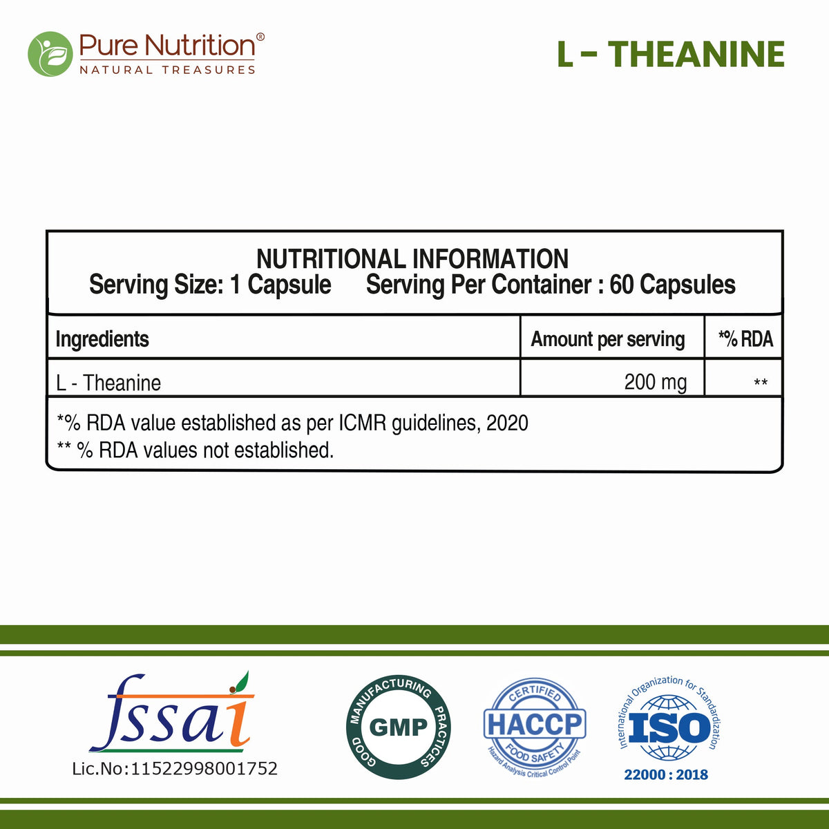 Pure Nutrition L-Theanine 200mg – 120 Veg Capsules for Relaxation, Focus & Cognitive Wellness