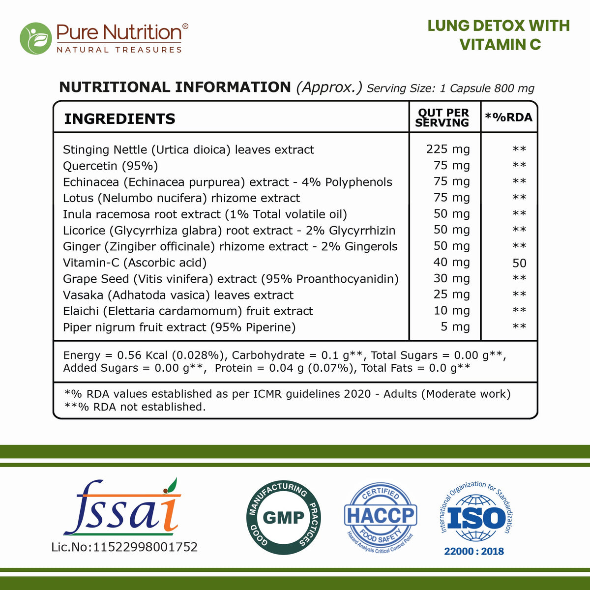 Pure Nutrition Lung Detox Capsule with Vitamin C 800mg – Respiratory & Antioxidant Support