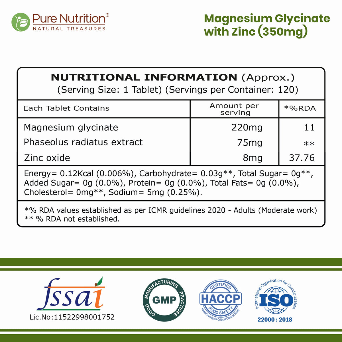 Pure Nutrition Magnesium Glycinate with Zinc 120 Veg Tablets