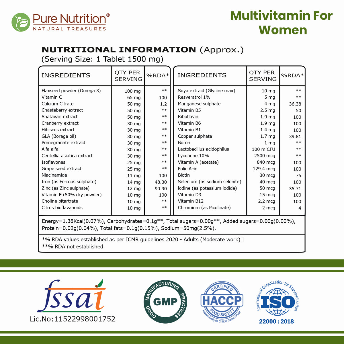 प्योर न्यूट्रिशन मल्टीविटामिन फॉर वीमेन (1500mg), 60 वेज टैबलेट, बायोटिन, आयरन, अल्फाल्फा, मोरिंगा, जिनसेंग, मेथी और ग्रीन टी के साथ | रोग प्रतिरोधक क्षमता, ऊर्जा, सहनशक्ति, हड्डियों और संपूर्ण स्वास्थ्य में सहायक है